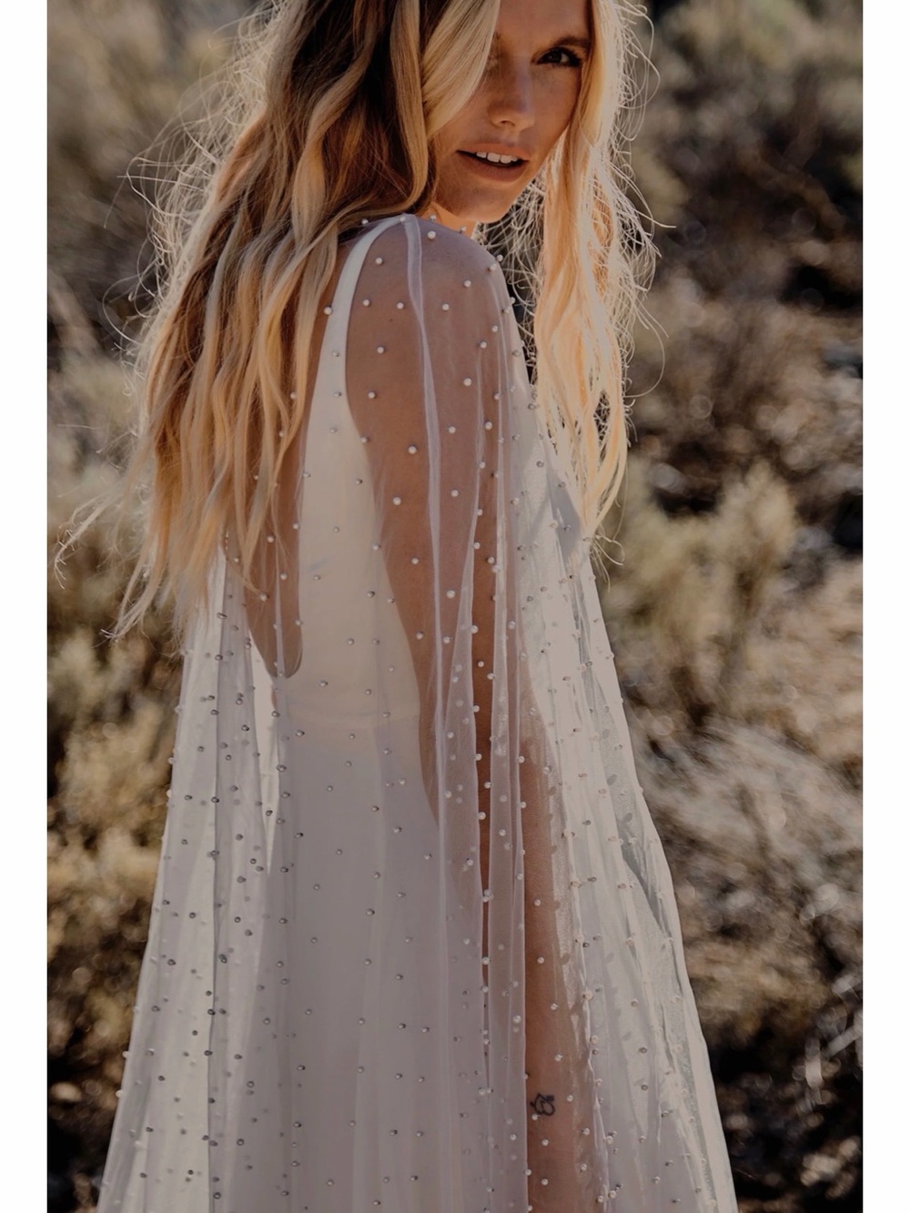 Pearl-Embellished Sheer Cape